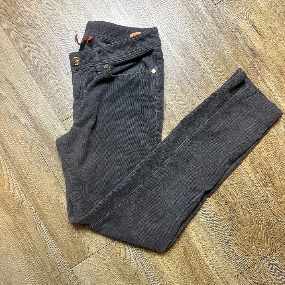 Tory Burch Corduroy Pants Women's 28 Gray Super Skinny Stretch Gold Rivets